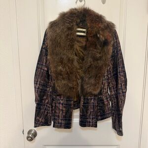 Plein Sud Brown and Navy Plaid Jacket with Faux Fur Shawl Collar